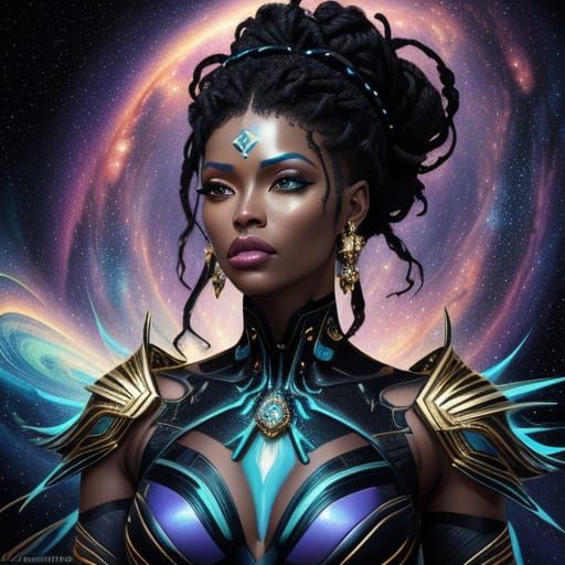 Ethereal Black Goddess in Cosmic Splendor