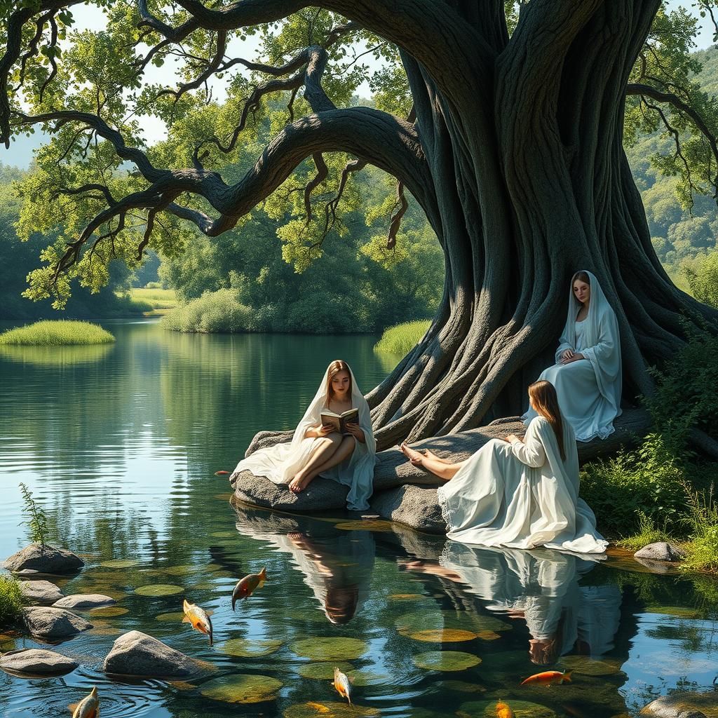 Goddess-like Girls by Riverbank in Dreamy Unreal Engine Scen...