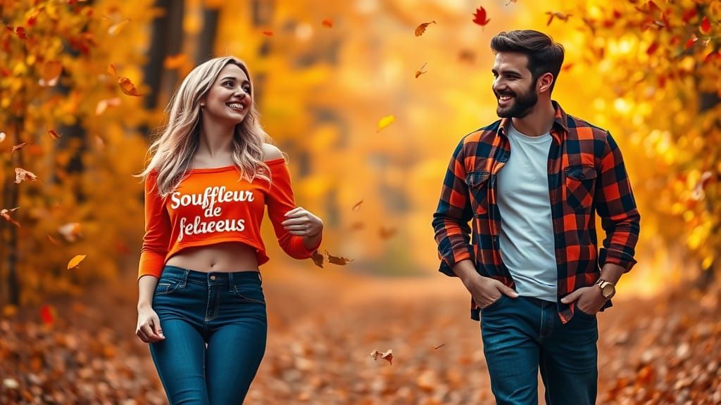 Couple's Romantic Autumn Forest Walk in Golden Hour