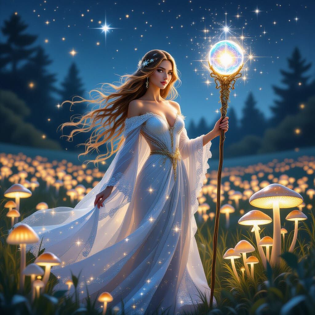 Starlight Woman in Glowing Mushroom Field