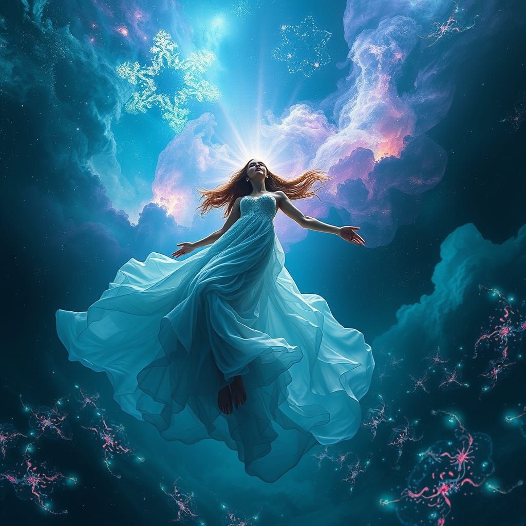 Celestial Woman Drifting in Nebula Ocean