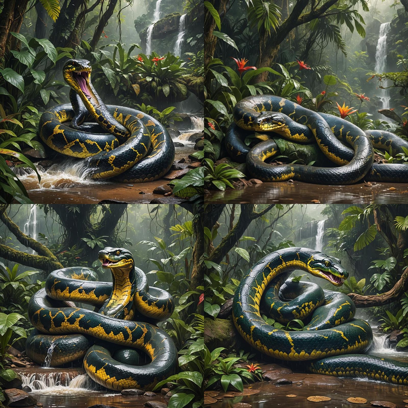 Anaconda and Cobra in Rainforest: Hyperrealistic Splash Art
