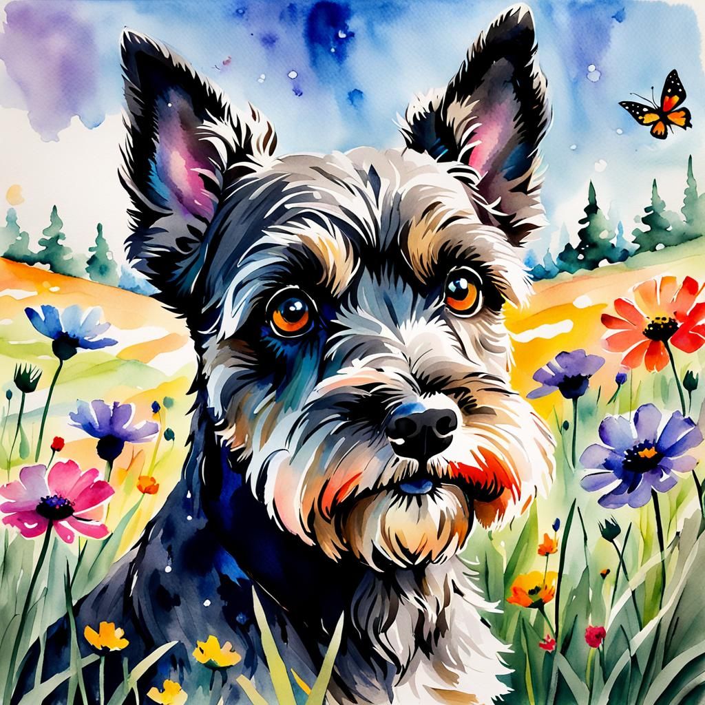 Miniature Schnauzer Puppy in a Flower Meadow