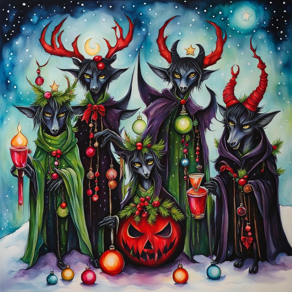 Whimsical Christmas Demons in Alcohol Ink Style