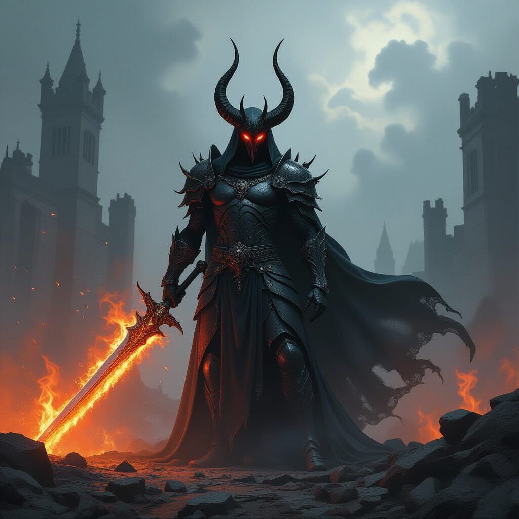 Demon God Wields Fiery Sword on Smoldering Ruins