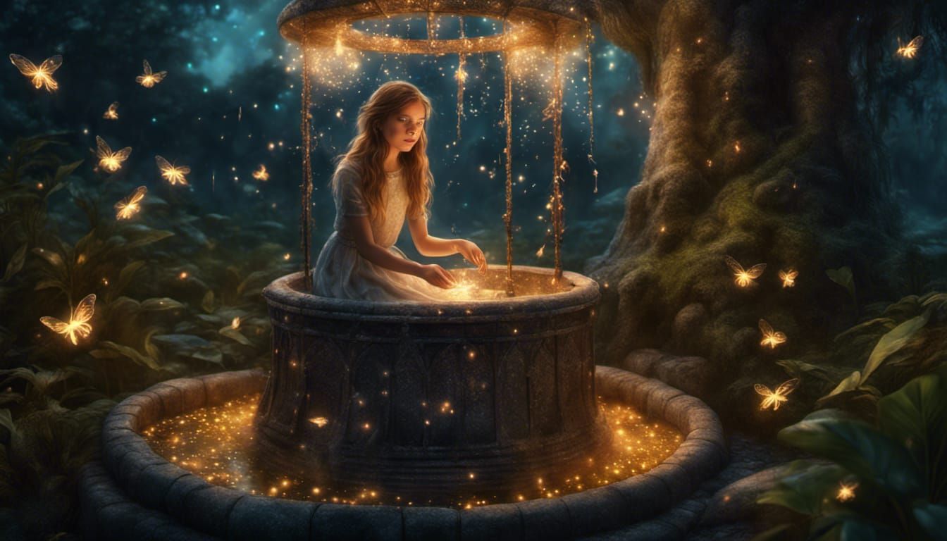 Girl Wishes at Enchanted Well in Fantasy Style