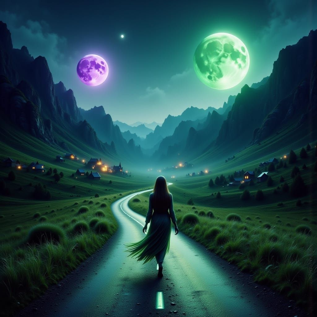 Woman Walks Lonely Road Under Two Moons