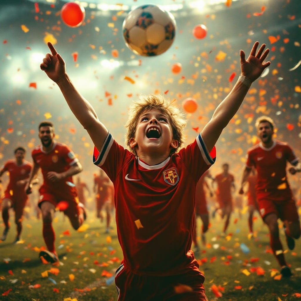 Triumphant Young Soccer Player Celebrates Goal in a Sea of E...