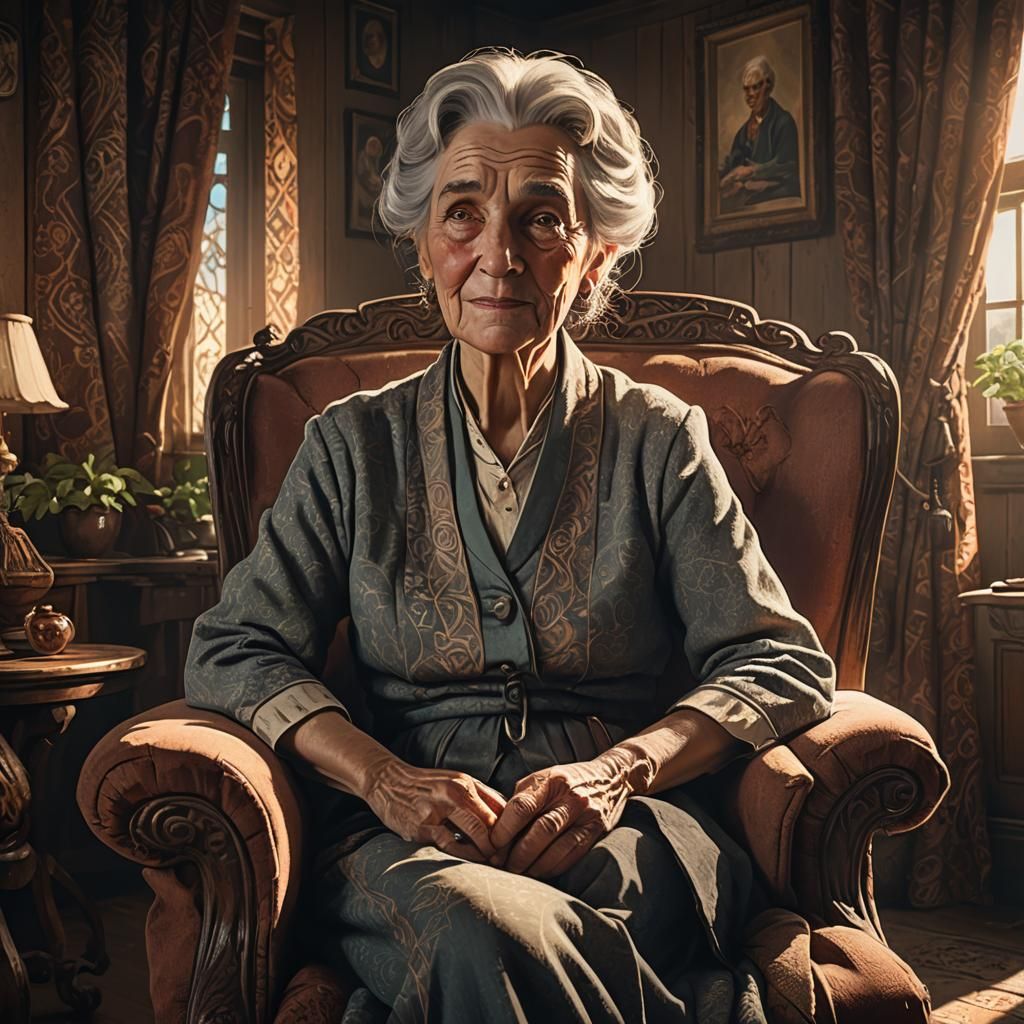 Touching Scene of Grandmother and Child, Matte Painting