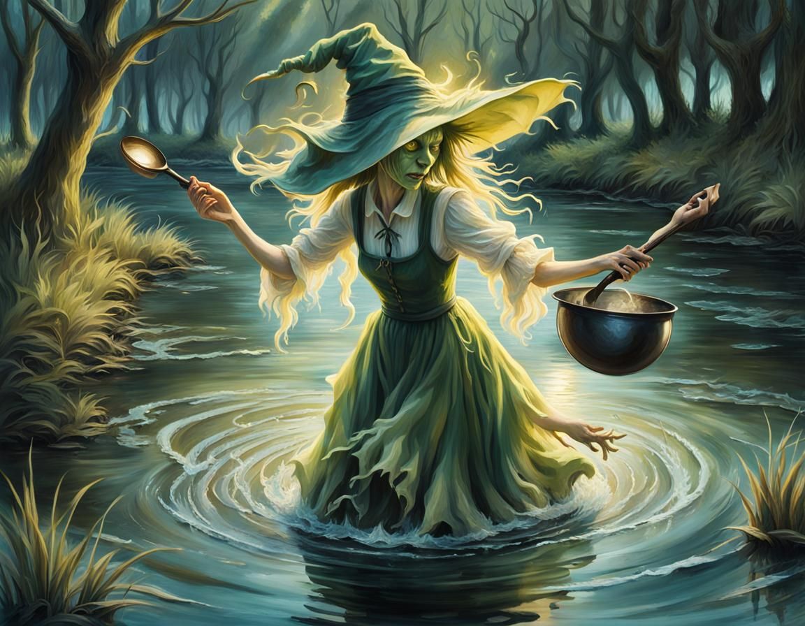 Fantasy Witch and River Monster in Oil Painting Style