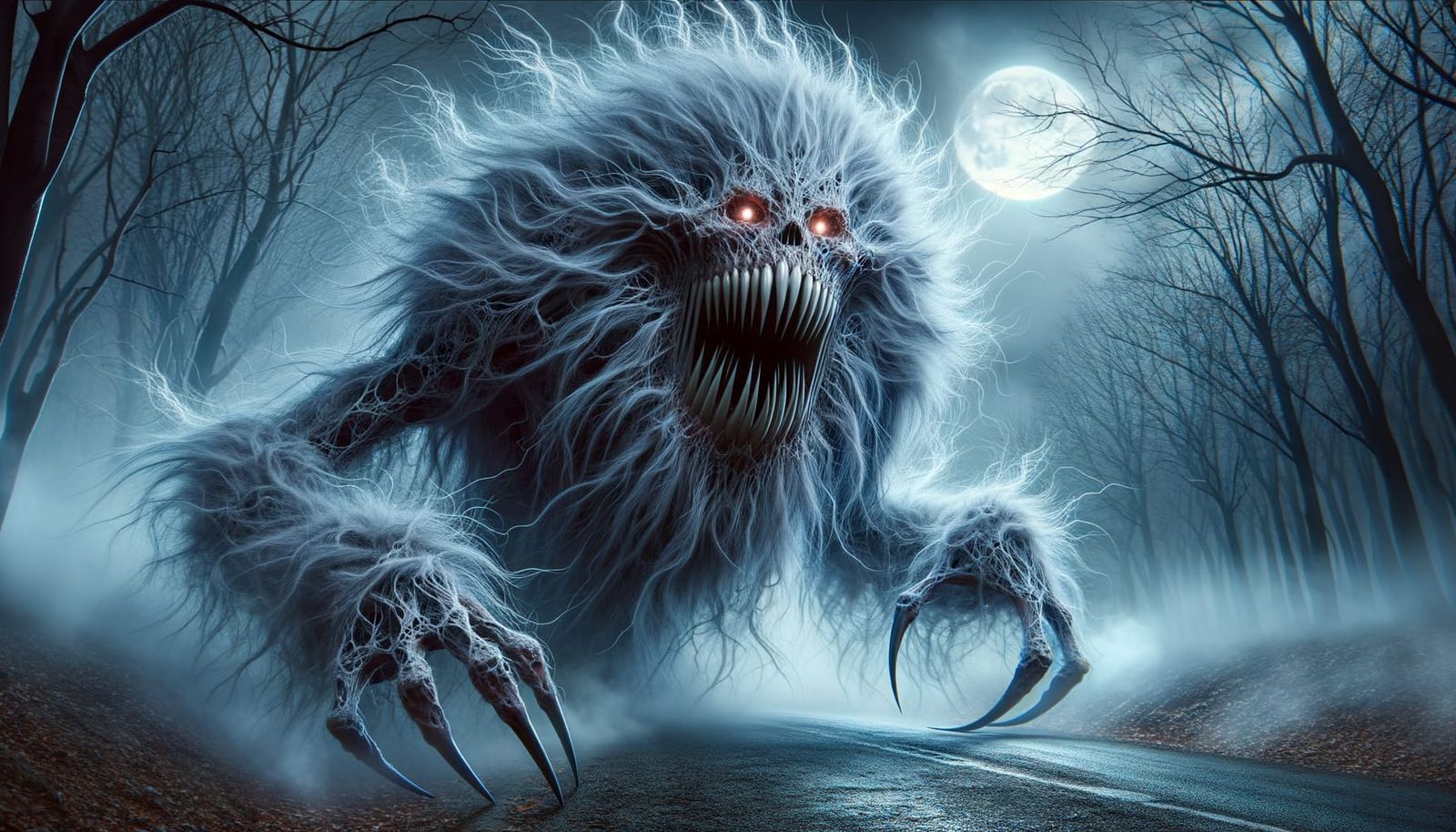 a monstrous black spectral transparent creature with fur reminiscent of smoke and cobwebs and bright glowing red eyes an...