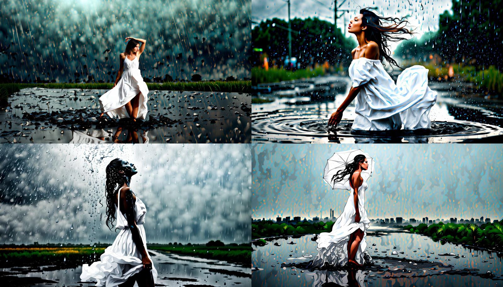 Dystopian Black Oil Rain Scene with Woman