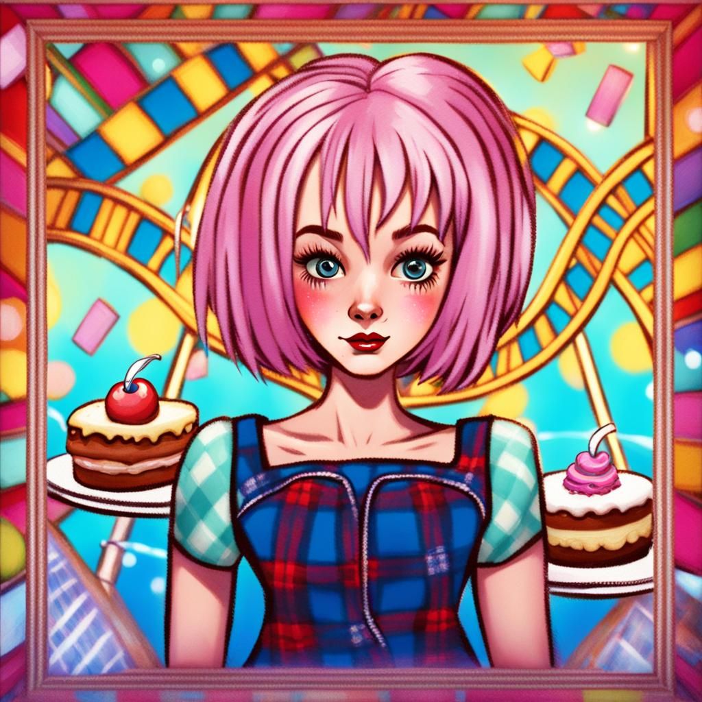 Pink-Haired Woman at Funfair in Comic Book Art
