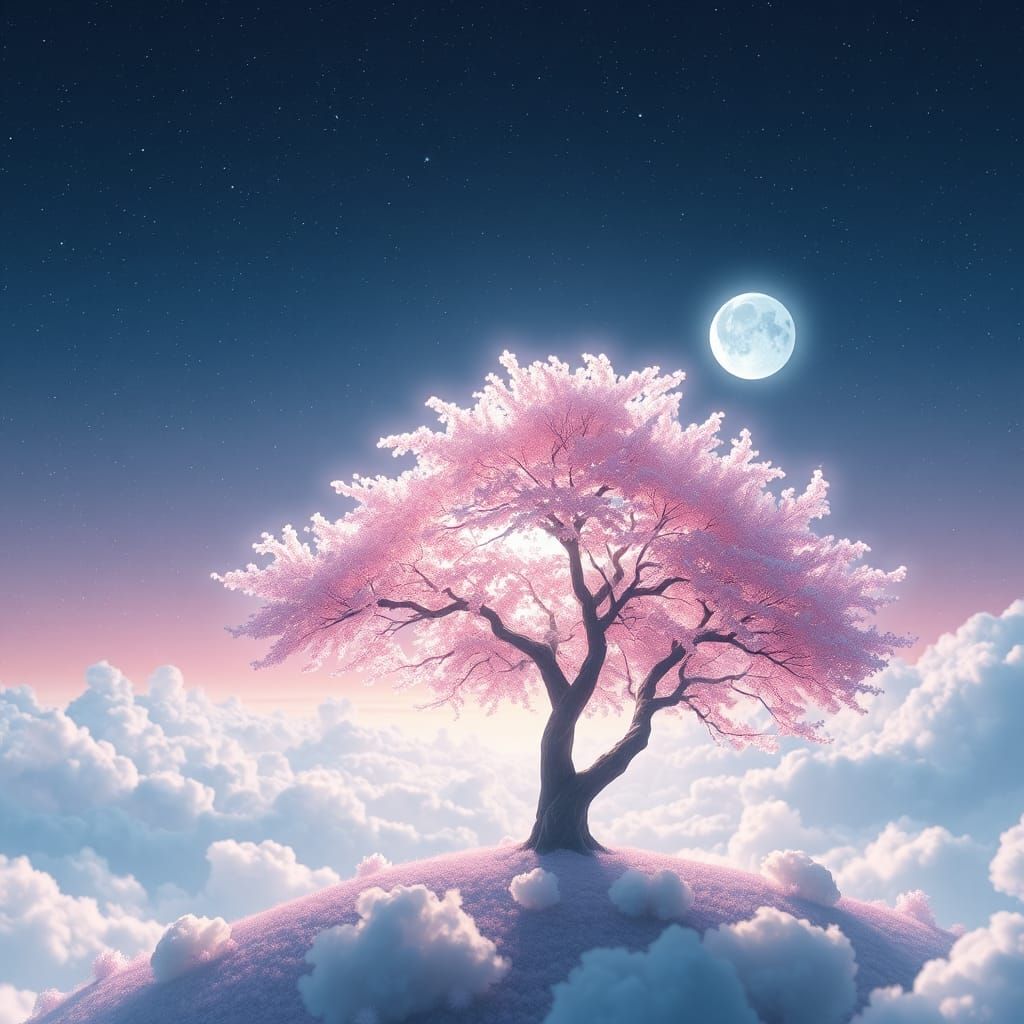 Glowing Cherry Blossom Tree Under Galaxy Sky
