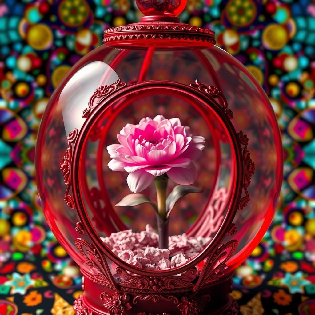 Pink Carnation in Red Terrarium: Stained Glass Fractal Art