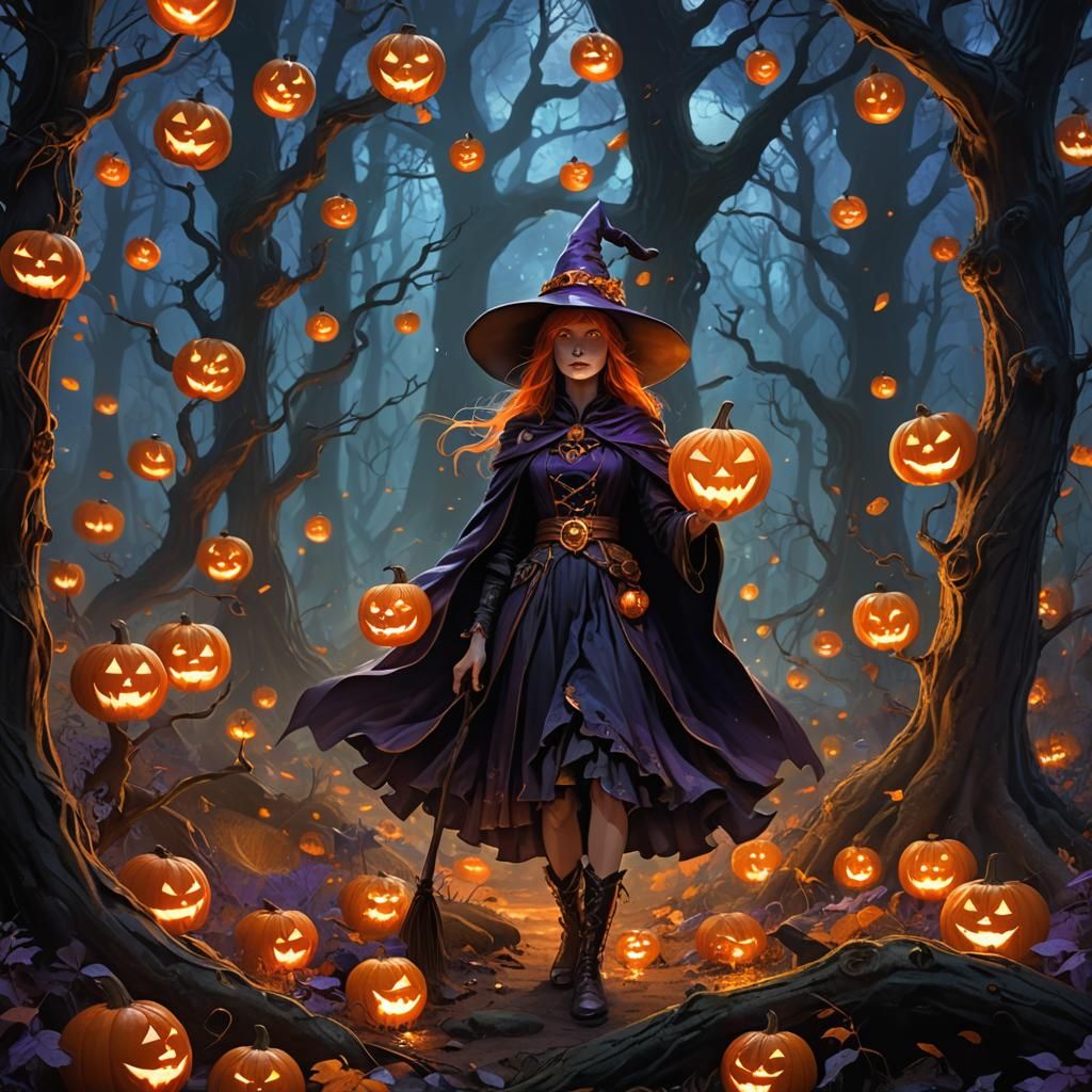 Mysterious Witch in Forest of Jack-o-Lanterns