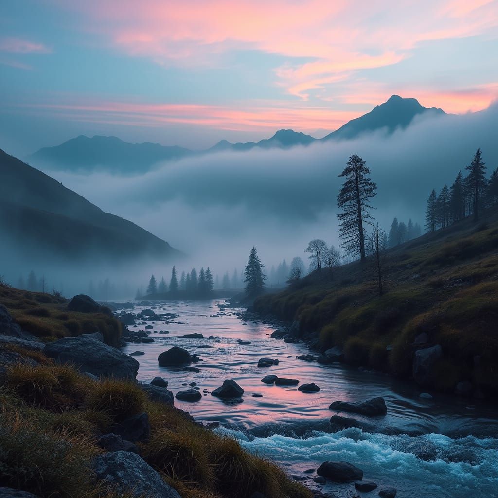 Ethereal Mountain Dawn Landscape with Sparkling Mist