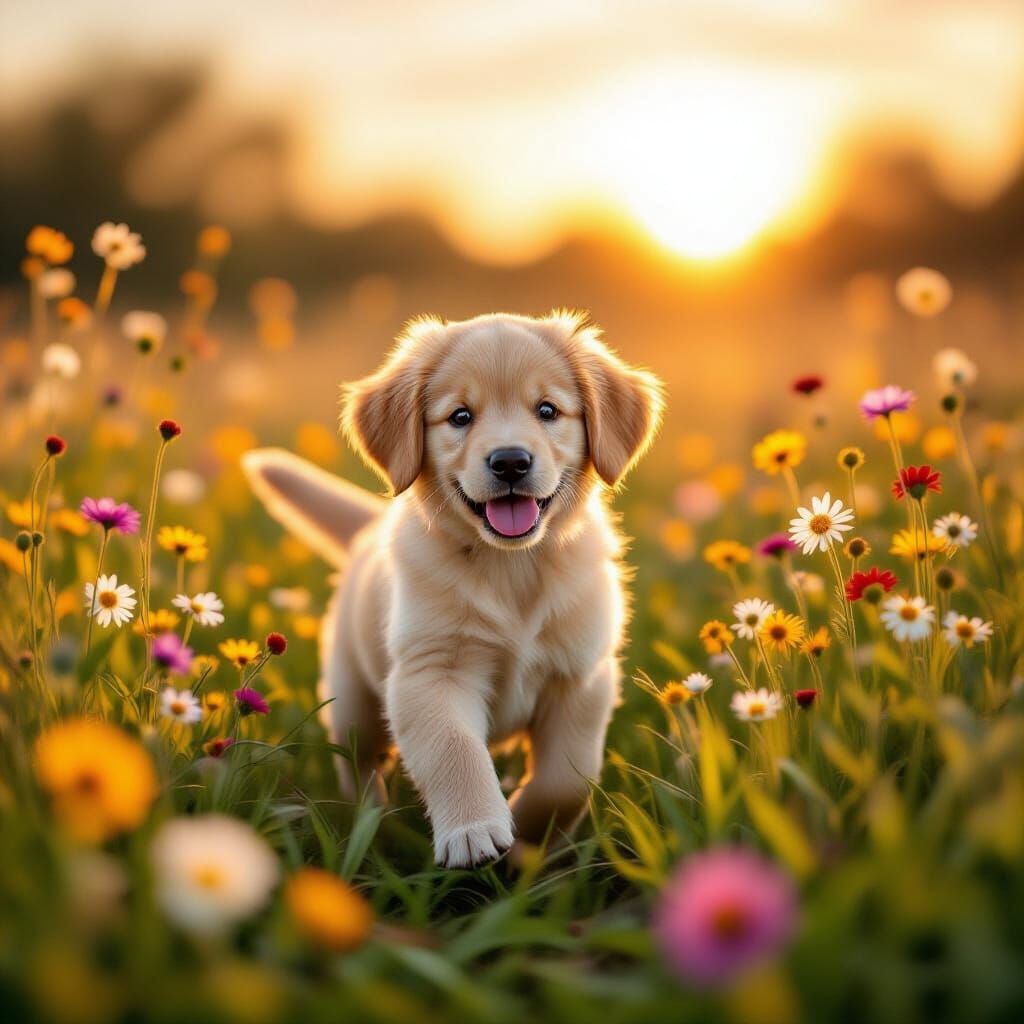 Golden Retriever Puppy in Wildflower Field at Sunrise