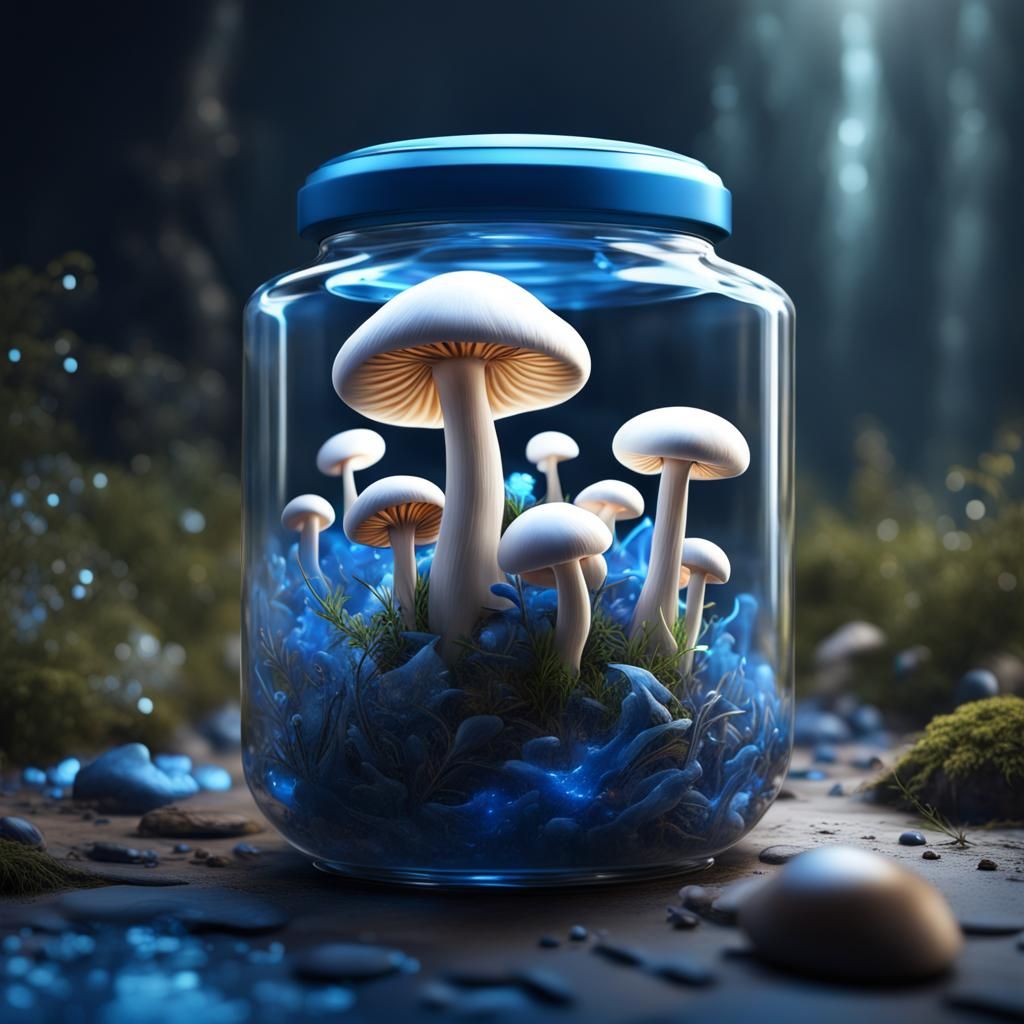 Luminous Blue Mushroom in Jar: Fantasy Concept Art