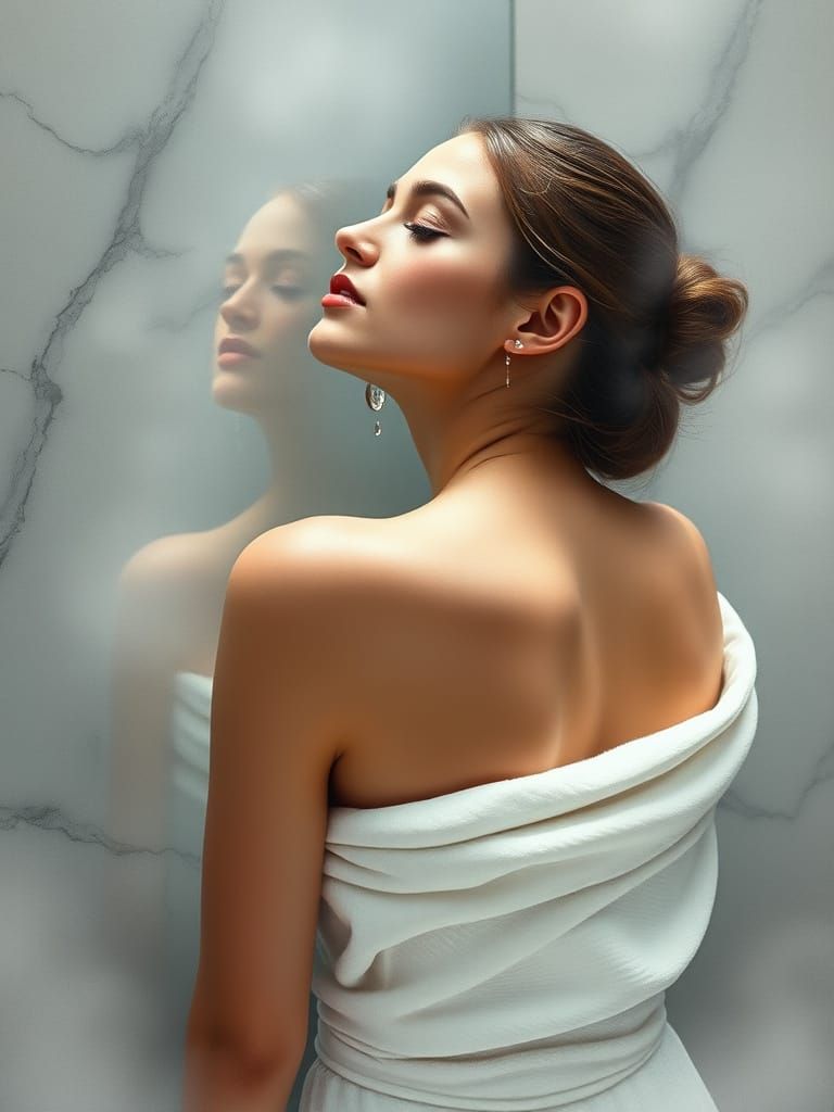 Serene Contemplation in a Hazy Bathroom Scene