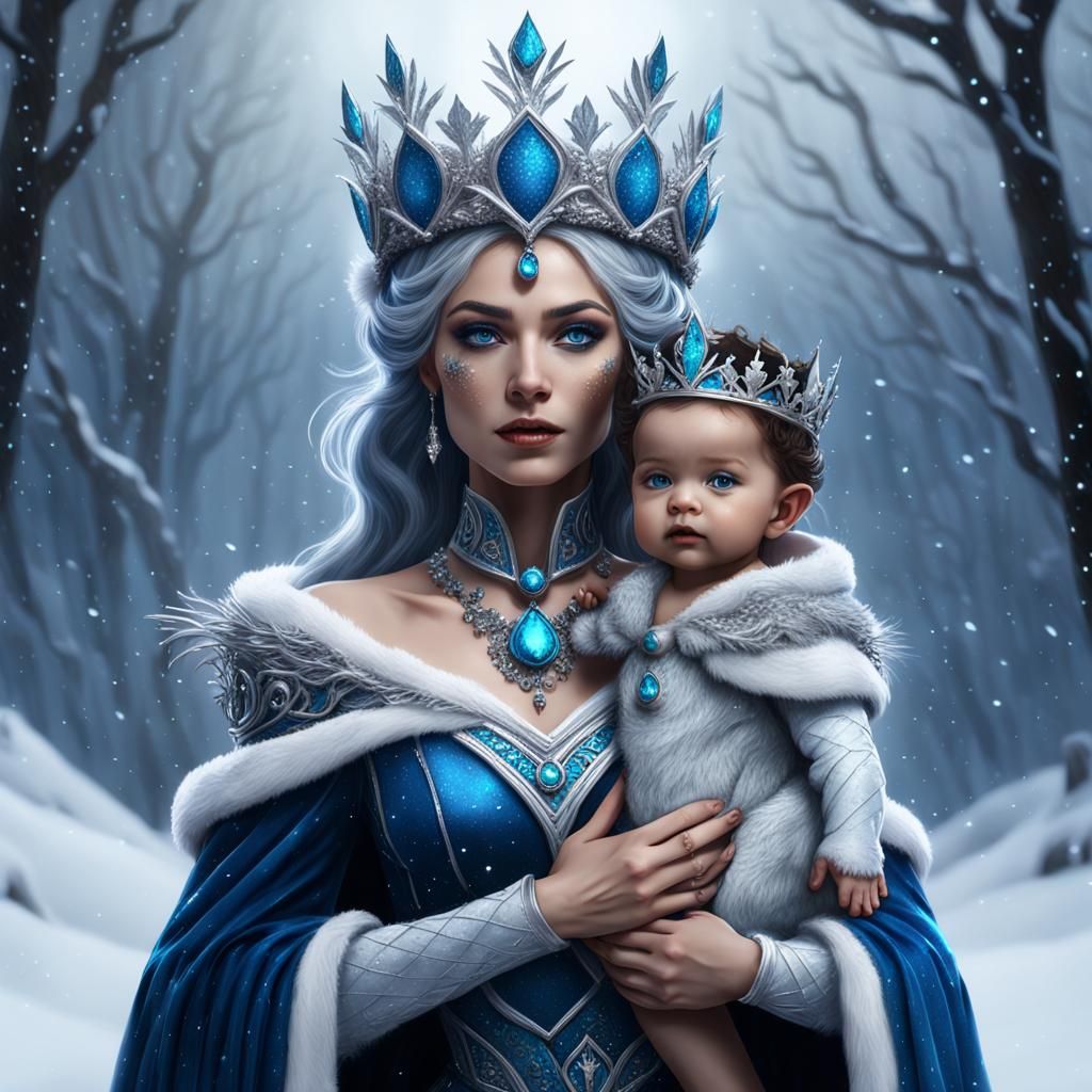Winter Fae Queen Holding Baby: Fantasy Concept Art