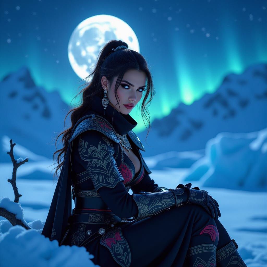 Dragon Woman on Iceberg Under Aurora Lights