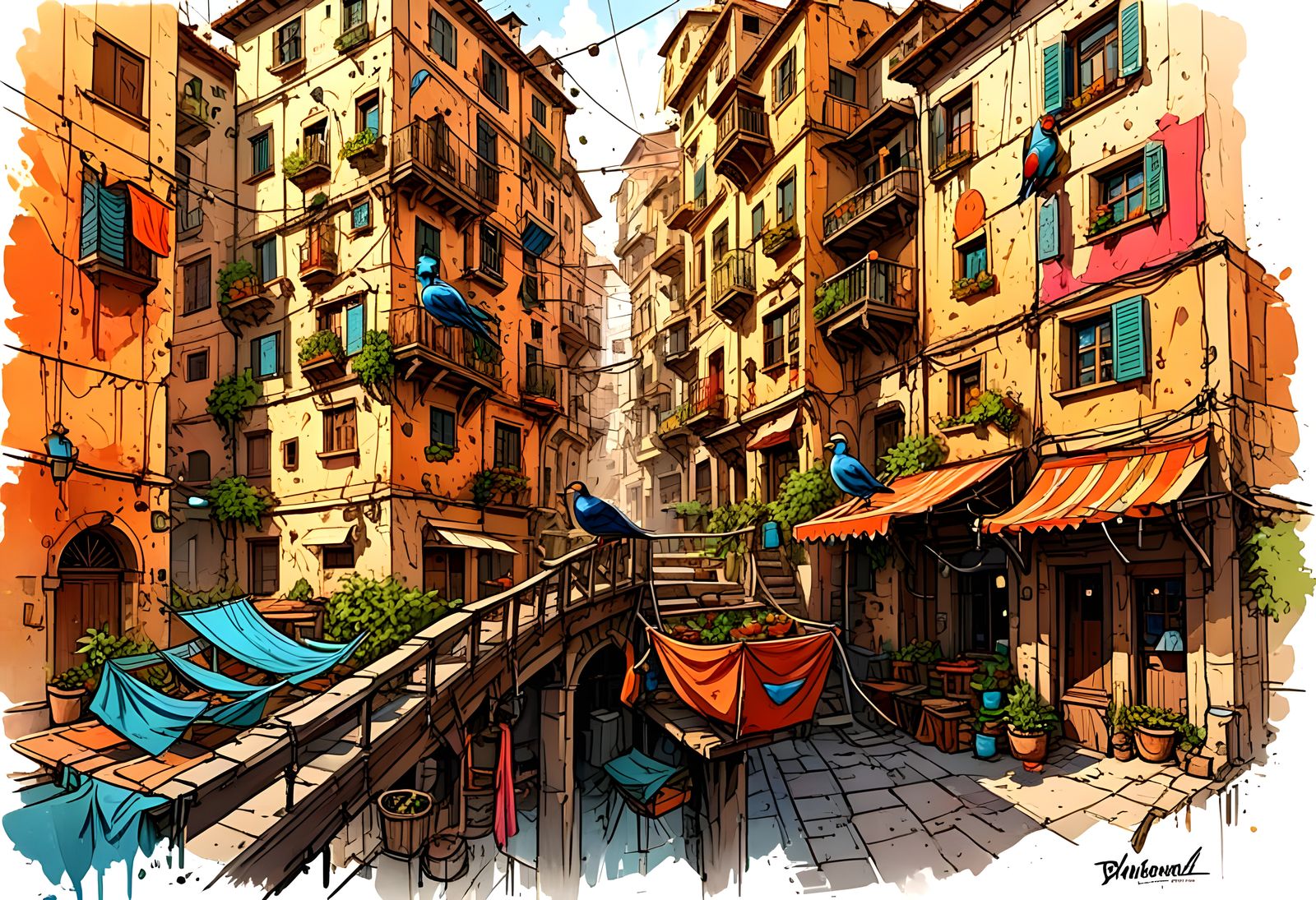 Mediterranean Cityscape with Whimsical Birds, Fantasy Concep...