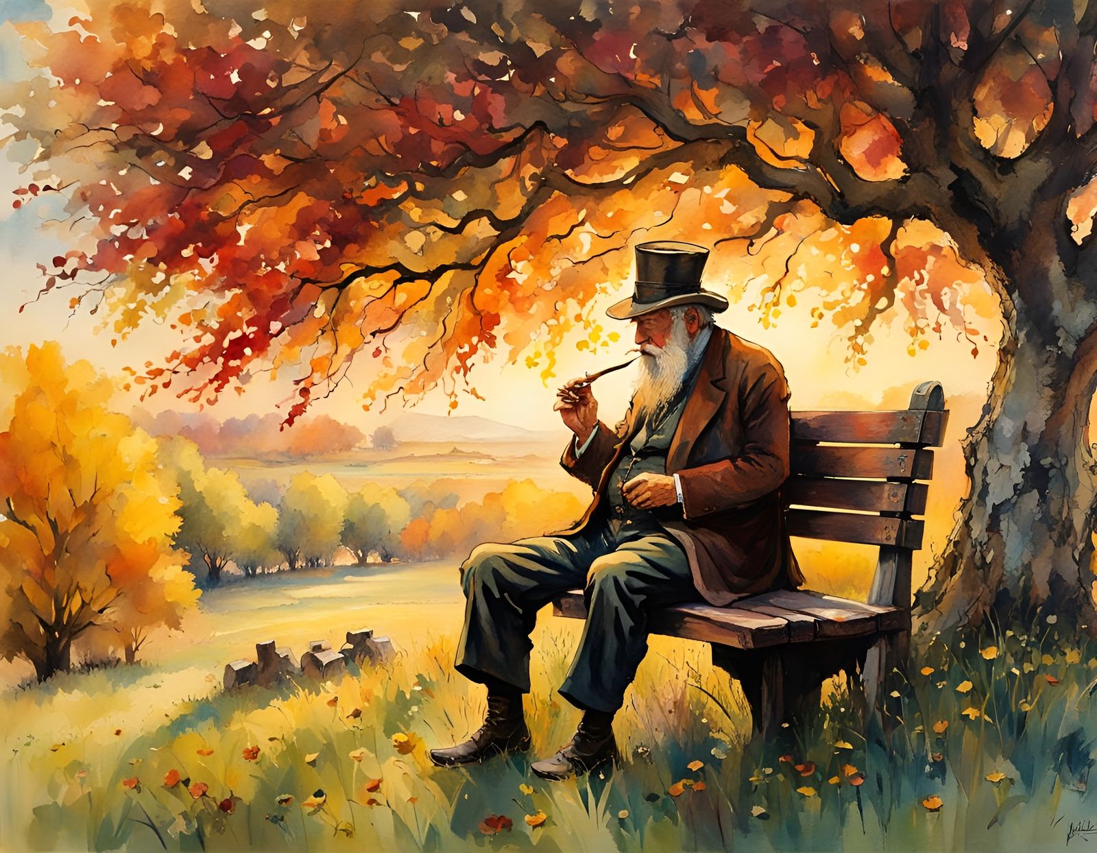 Irish Man in Orchard: Waterhouse-Style Watercolor