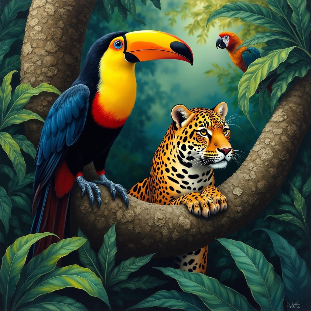 Exotic Birds and Jaguar in Rousseau Style Jungle