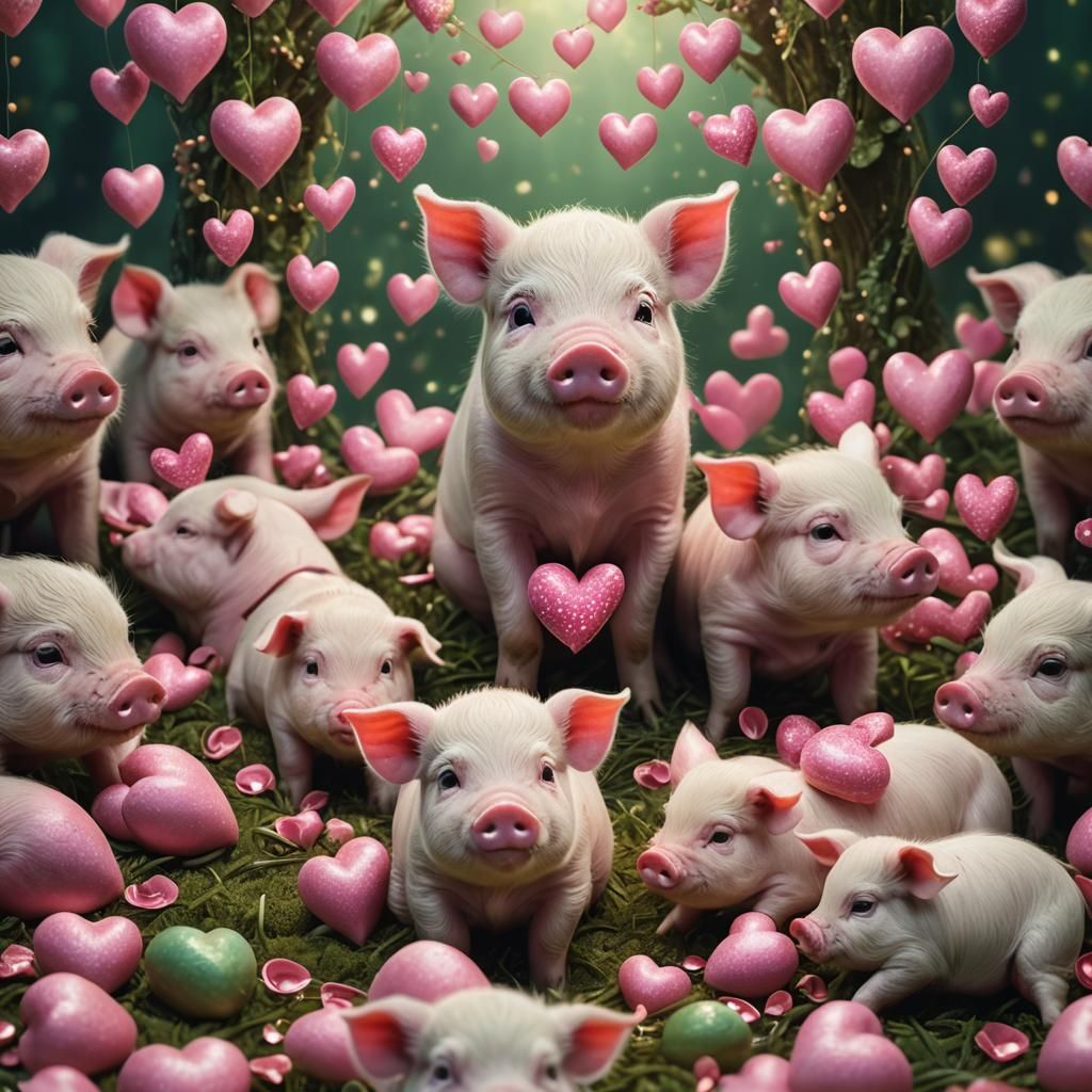 Baby Piglet Surrounded by Pink Hearts