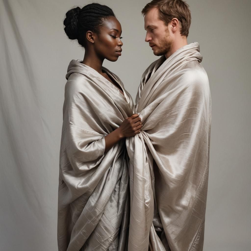 Intimate Embrace: Interracial Couple Wrapped in Silk