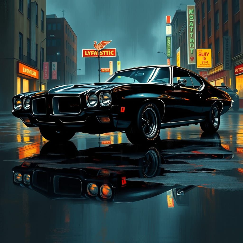Vintage Black 1970 Pontiac GTO in Moody Comic Book Style