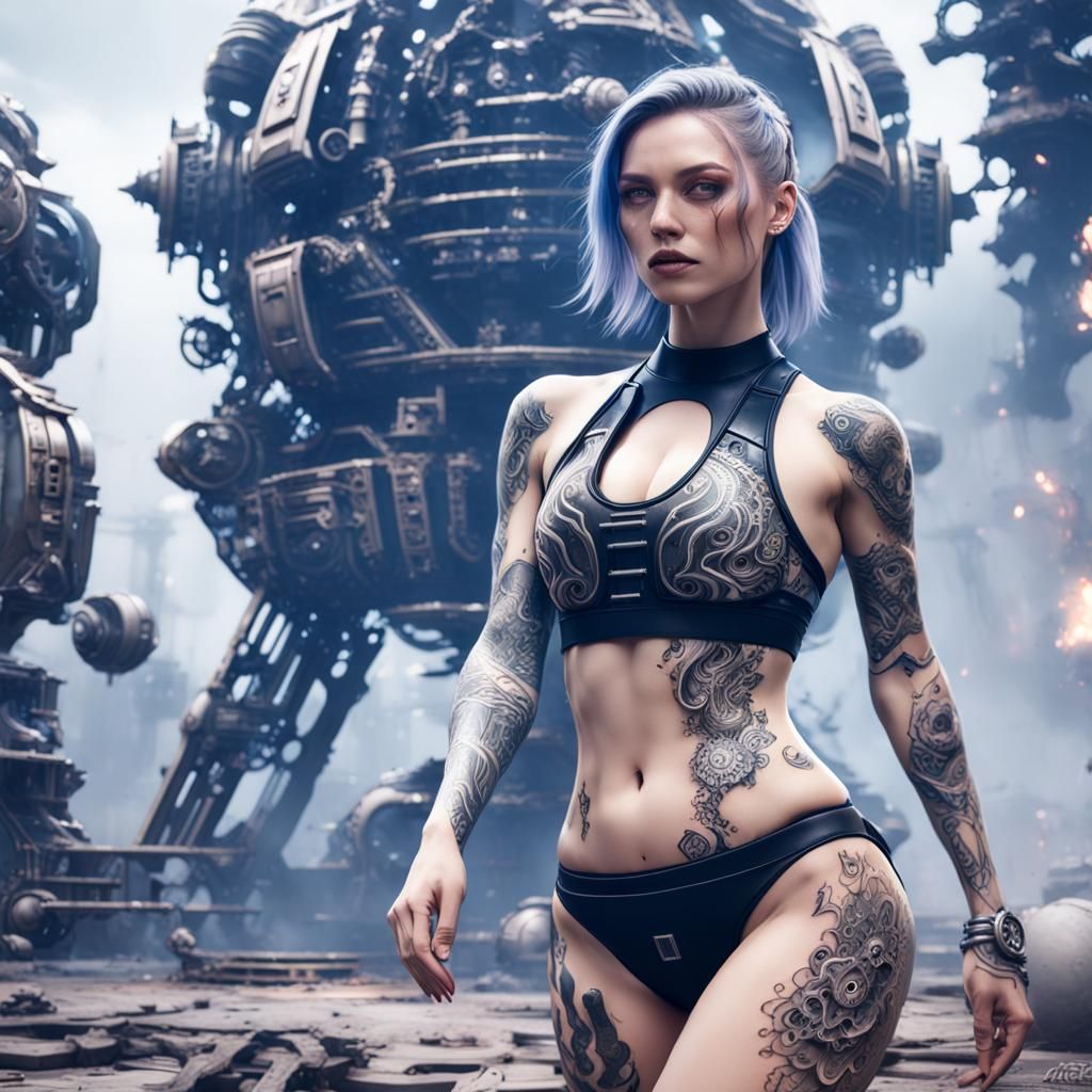 Girl with Tattoos in Smoky Sci-Fi Ink Painting