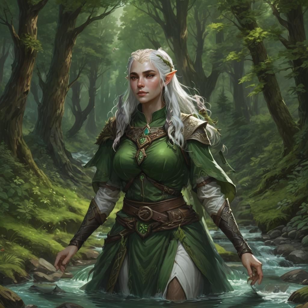 Elegant Elf Woman in Forest Stream Setting