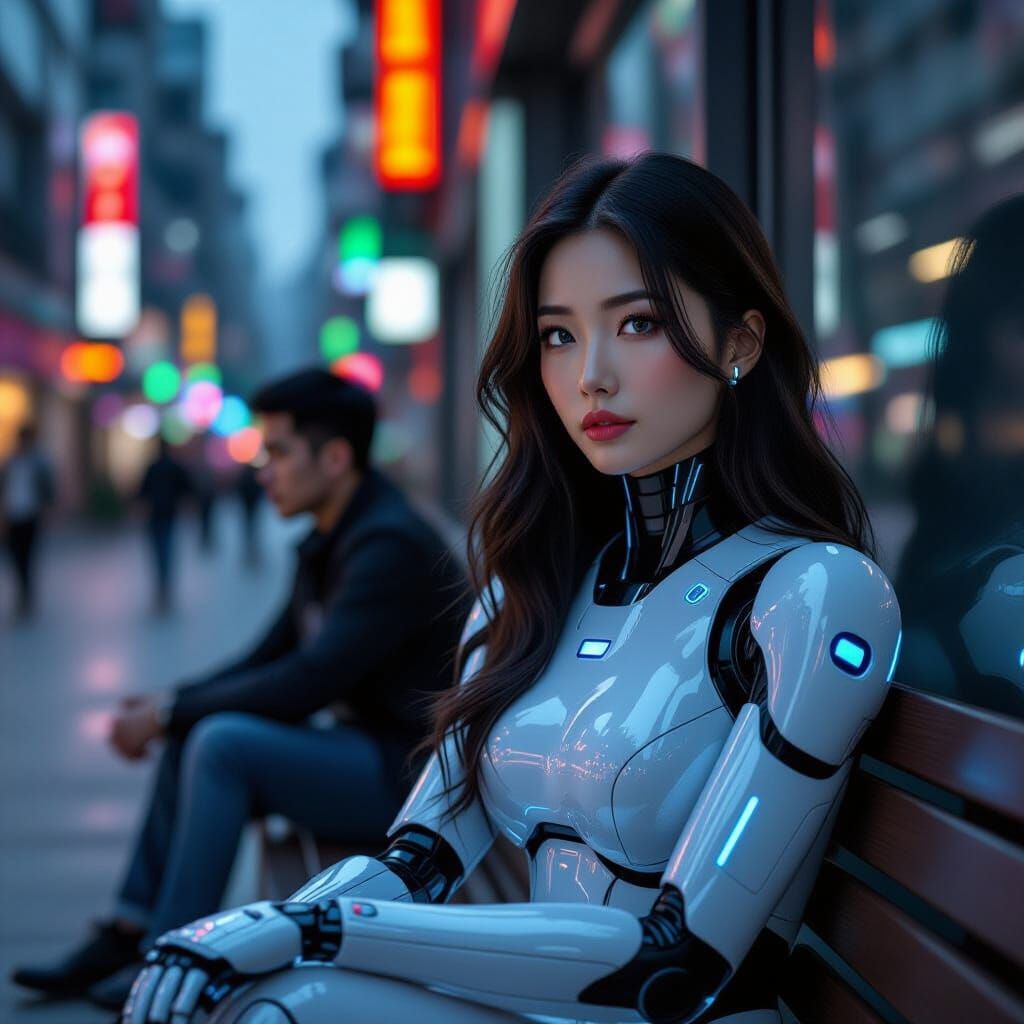 Hyperrealistic Android Portrait in Futuristic City at Dusk