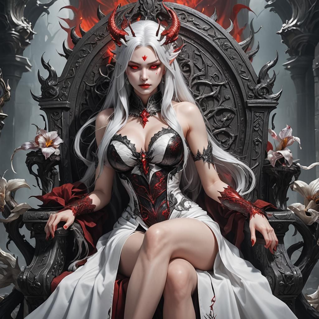 Demonic Queen with White Hair and Red Eyes