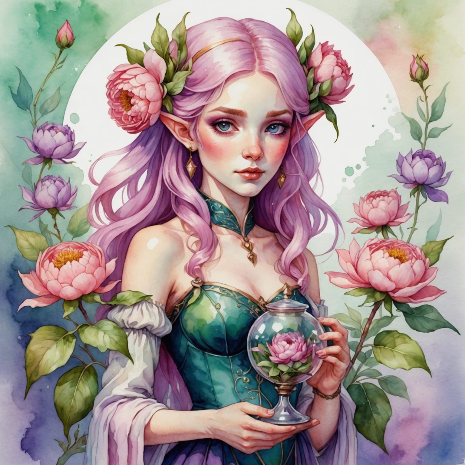 Pink Haired Elf with Peony in Watercolor Style