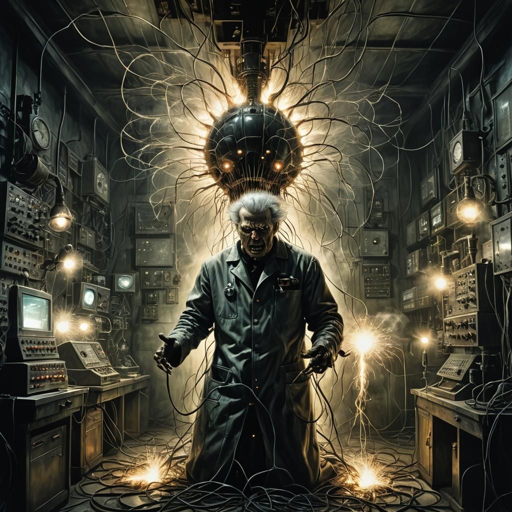 Mad Scientist's Electric Horror in Surrealist Style