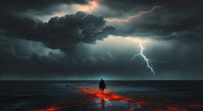 Dystopian Surrealism: Man Runs to Blood-Red Ocean