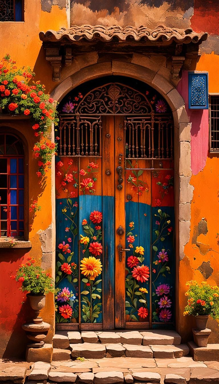 Ornate Door with Flowers in Latin American Folk Art