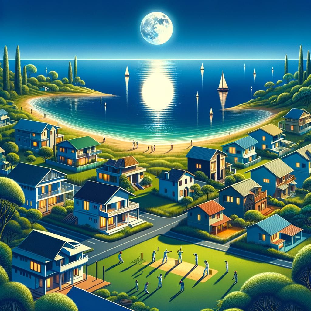 Coastal Village With Moon Reflection and Cricket Game