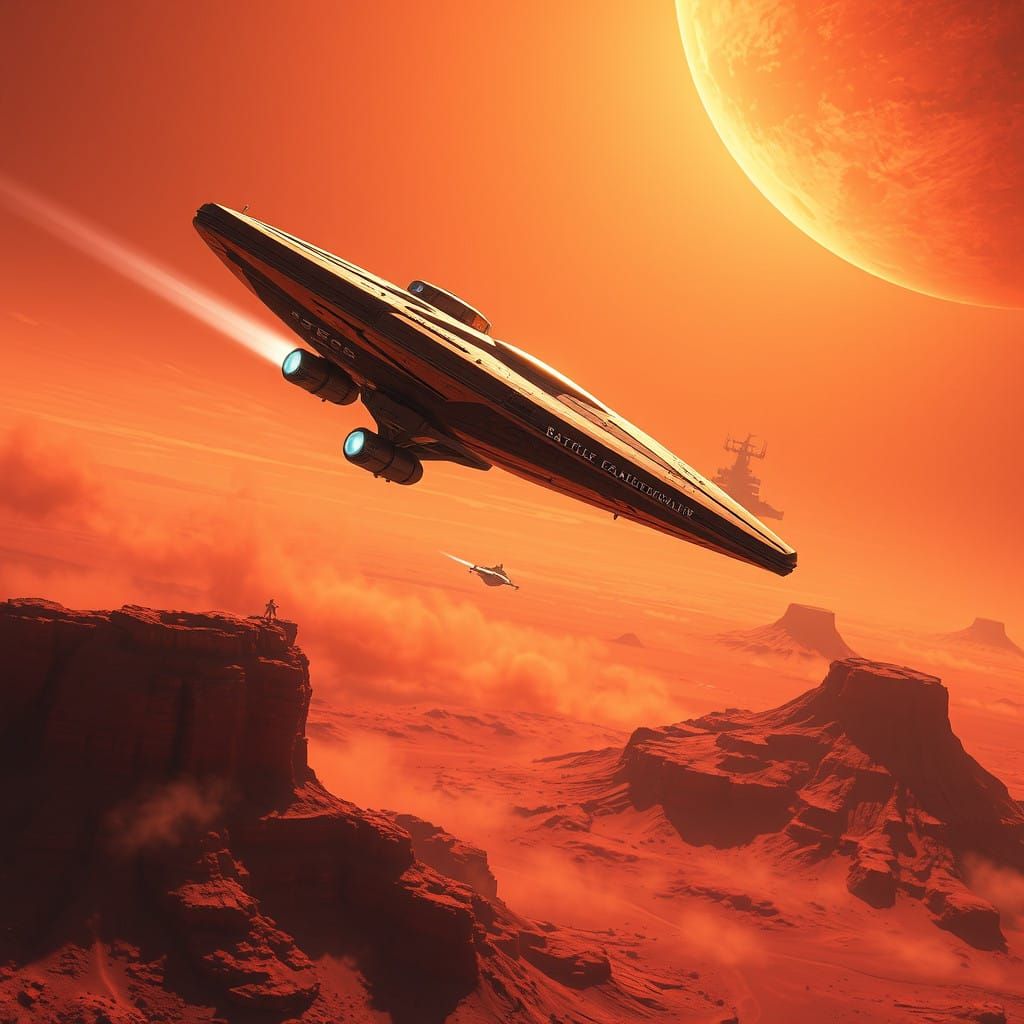 Epic Battlestar Galactica Chase above Mars in Cyberpunk Aest...