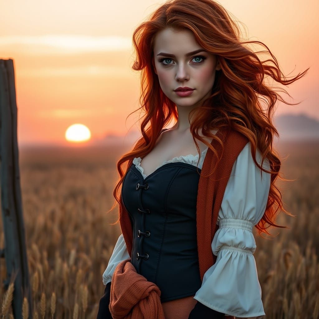 a young stunning woman in a Victorian-inspired outfit standing in a golden orange pink wheat field at sunset. She has lo...