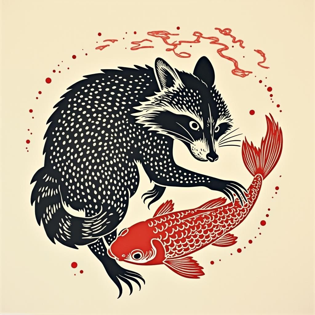 japanese woodcut inspired raccoon catching koi fish. tattoo....