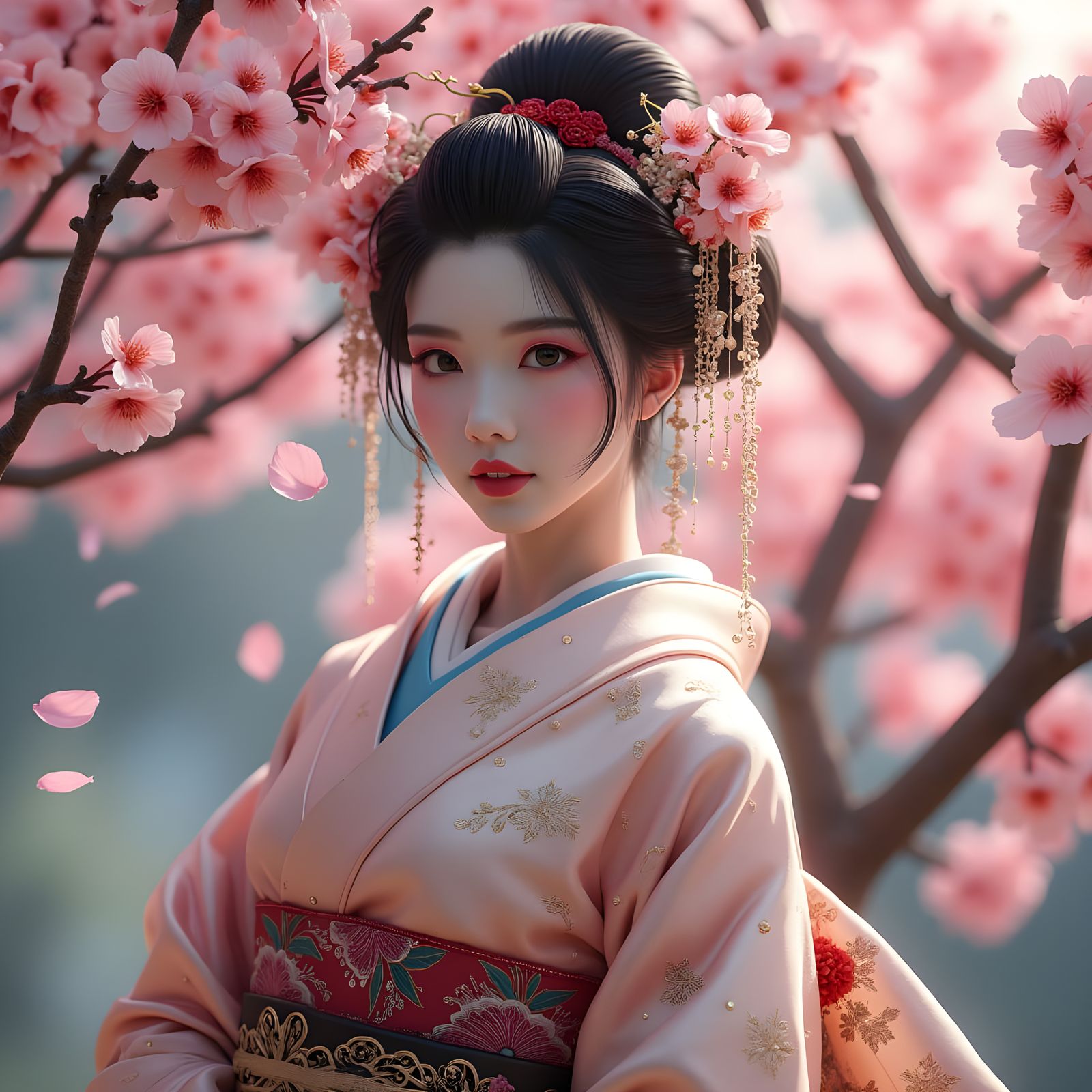 Beautiful Geisha Woman Amongst Cherry Blossoms