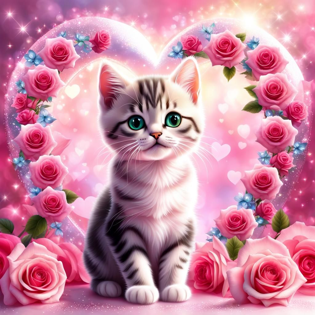 American Shorthair Kitten in Pink Heart with Roses