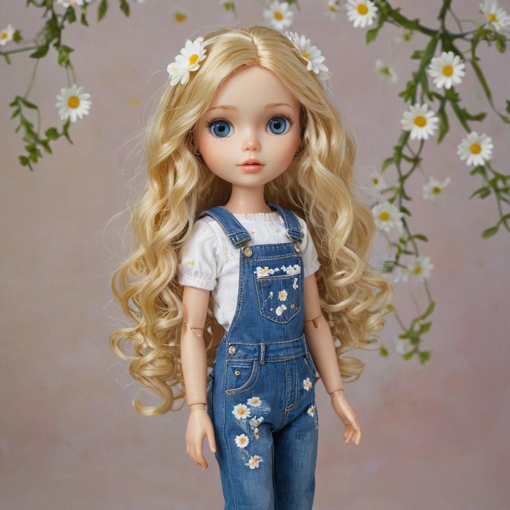 Hyperrealistic Blythe Doll in Overalls with Daisies