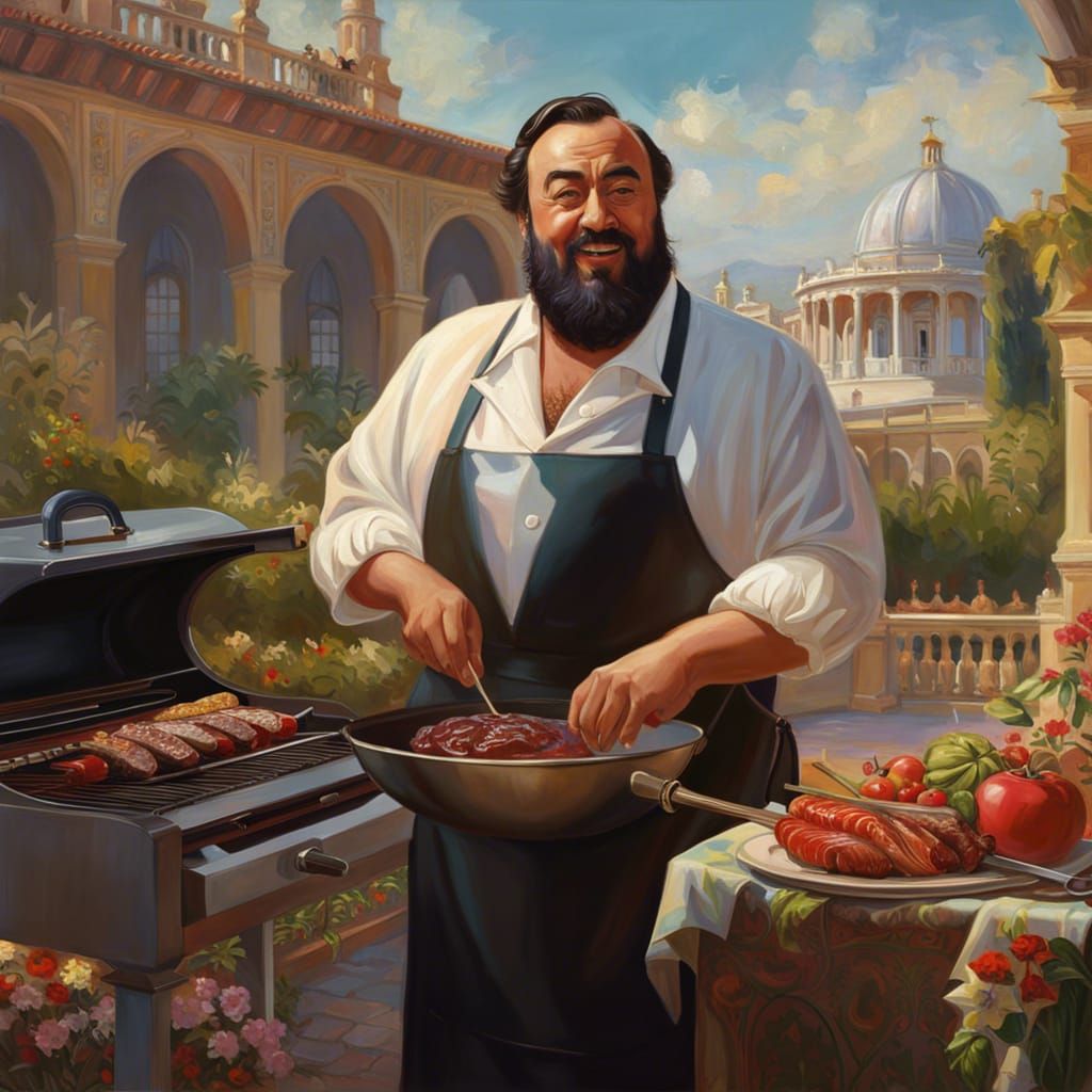 Luciano Pavarotti as a barbecue chef