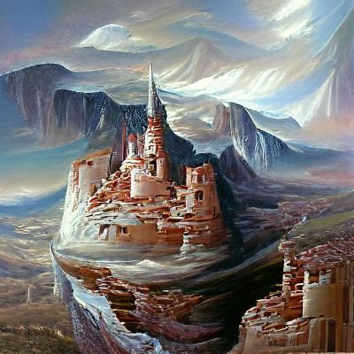 Mountain City Castle in Oil Painting Style