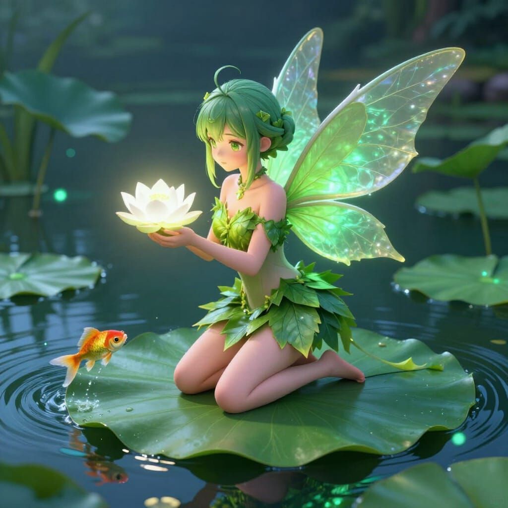 Anime Fairy with Leaf Wings on Lily Pad
